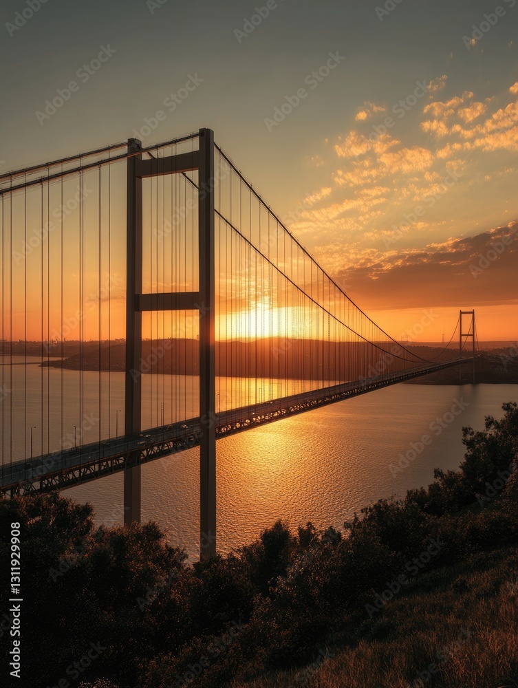 Fototapeta premium Suspension Bridge Silhouette Against a Vibrant Orange Sunset Sky
