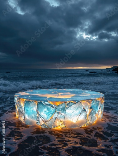 AI Generated Futuristic Luminous Object by Ocean Waves for Social Media Ads, Product Display, and Digital Marketing
