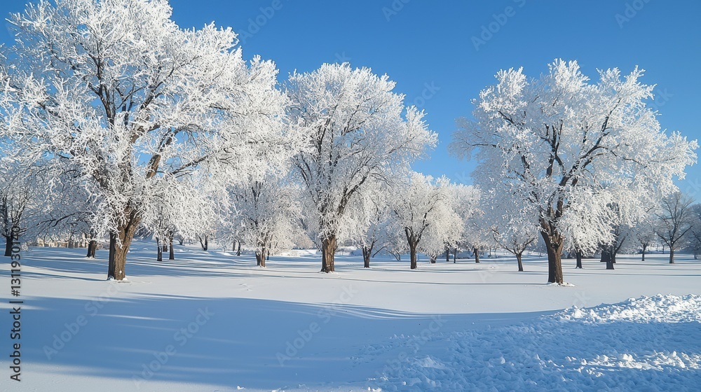 Snowy Landscape with Frosted Trees Under Clear Blue Sky Snowy Landscape with Frosted Trees Under Clear Blue Sky