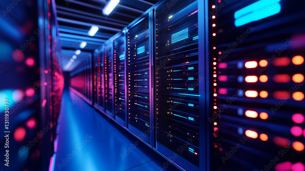 A conceptual image of a modern data center with rows of servers and glowing fiber optic cables. A conceptual image of a modern data center with rows of servers and glowing fiber optic cables.