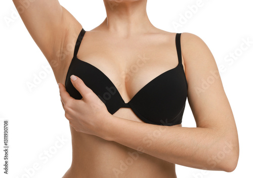 Woman wearing beautiful bra on white background, closeup photo