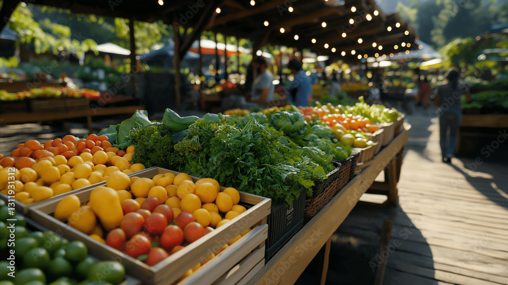 Fototapeta premium A vibrant farmers market with fresh fruits and vegetables displayed on wooden tables, capturing local agriculture.