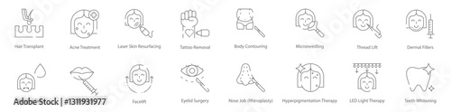 Hair Transplant, Acne Treatment, Laser Skin Resurfacing, Tattoo Removal, Body Contouring, Facelift, and Teeth Whitening Vector Icon Set