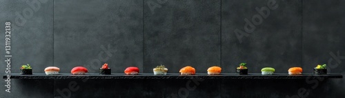 A colorful assortment of sushi displayed on a black shelf against a dark background.