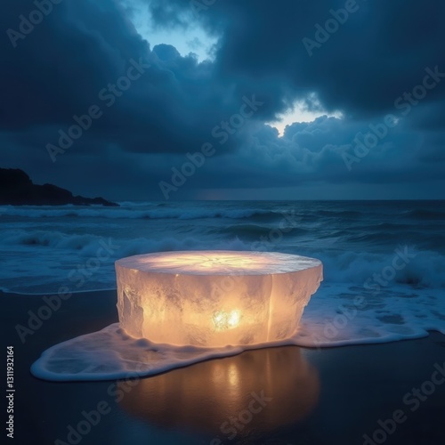 AI Generated Futuristic Luminous Object by Ocean Waves for Social Media Ads, Product Display, and Digital Marketing
