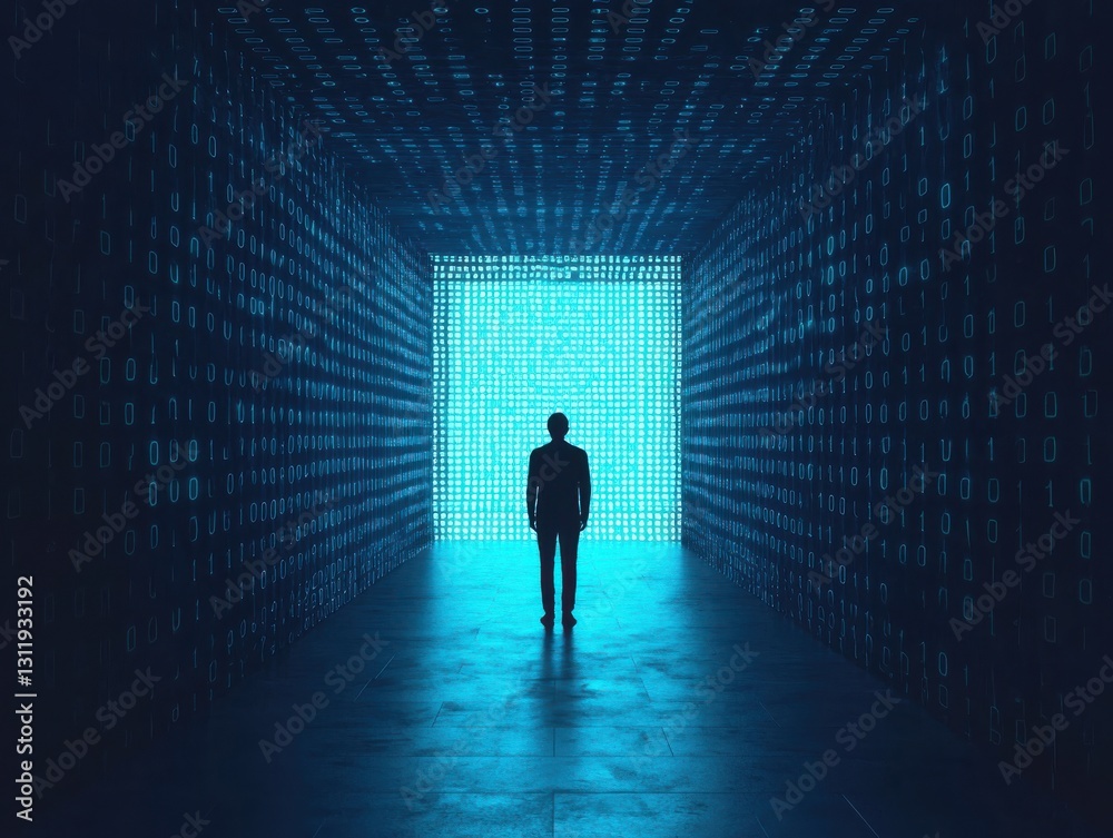 A figure stands alone in a corridor of digital data and blue light, symbolizing innovation. A figure stands alone in a corridor of digital data and blue light, symbolizing innovation.