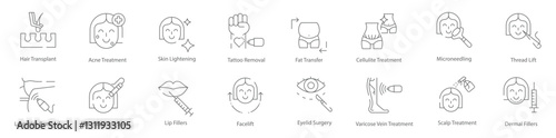 Hair Transplant, Acne Treatment, Skin Lightening, Tattoo Removal, Fat Transfer, Microneedling, Facelift, and Dermal Fillers Vector Icon Set