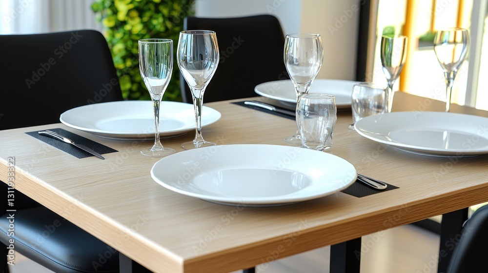 Empty restaurant table set for four, modern interior with plants, ready for customers