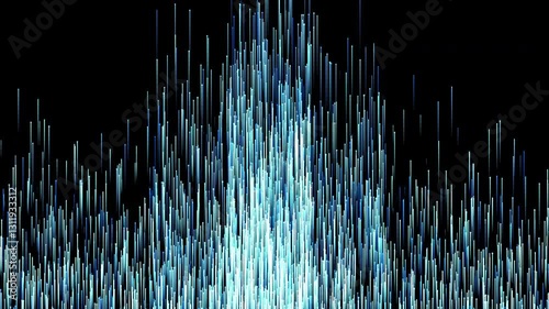 Blue dust sparkling and luxury particles raising. Abstract elegant light blue cyan glowing lines going up with glowing lighting effect and floor reflection on black background.