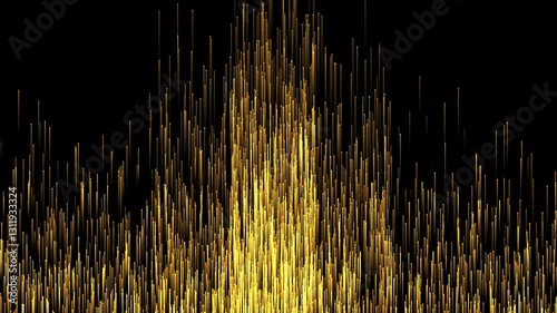 Golden dust sparkling and luxury particles raising. Abstract elegant golden glowing lines going up with glowing lighting effect and floor reflection on black background.