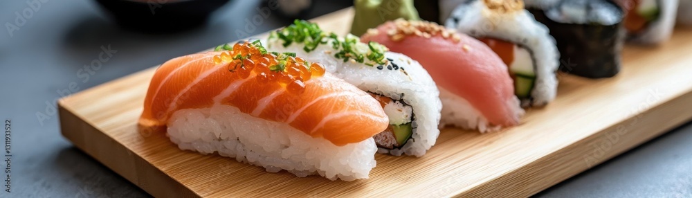 Delicious sushi platter featuring fresh sashimi and colorful rolls on a wooden board. Delicious sushi platter featuring fresh sashimi and colorful rolls on a wooden board.