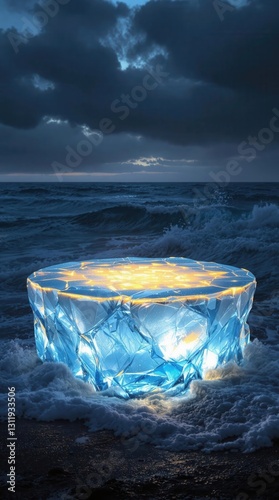 AI Generated Futuristic Luminous Object by Ocean Waves for Social Media Ads, Product Display, and Digital Marketing
