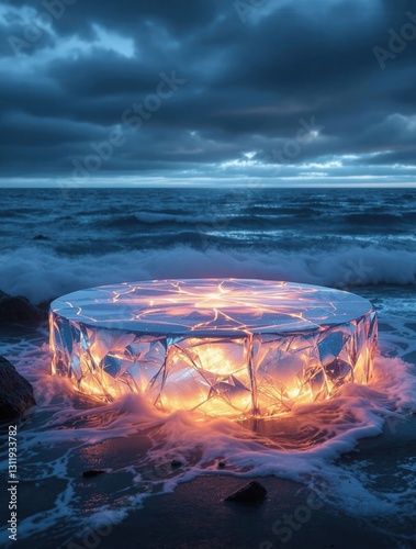 AI Generated Futuristic Luminous Object by Ocean Waves for Social Media Ads, Product Display, and Digital Marketing
