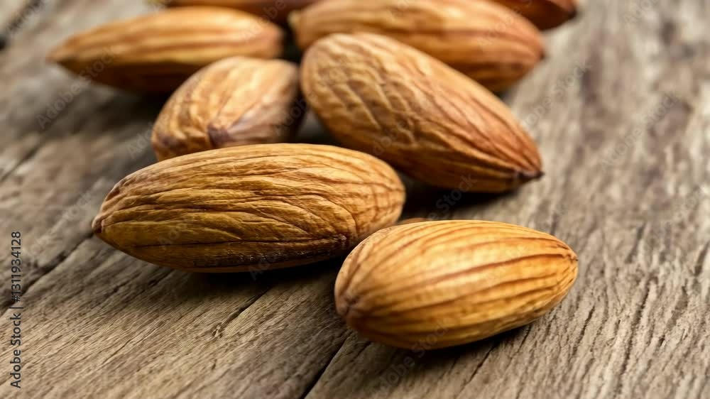 Detailed close-up of raw almonds on a rustic wooden surface showcasing their natural texture and earthy colors