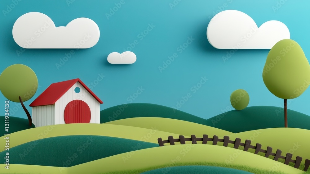 Naklejka premium Colorful 3D Farm Landscape with Hills, Barn, and Trees in Pastel Colors