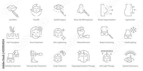 Lip Fillers, Facelift, Eyelid Surgery, Rhinoplasty, Breast Augmentation, Liposuction, Hair Transplant, Acne Treatment, and CoolSculpting Vector Icon Set