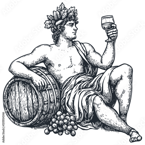 Vector illustration in vintage engraving style depicting Bacchus (Dionysus), the god of wine, sitting beside a wooden barrel. The detailed black and white artwork shows him holding a glass