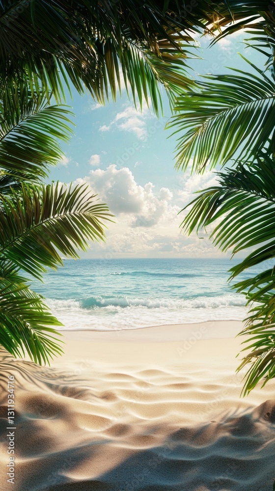 Fototapeta premium Tropical bliss a serene beach framed by lush palm fronds
