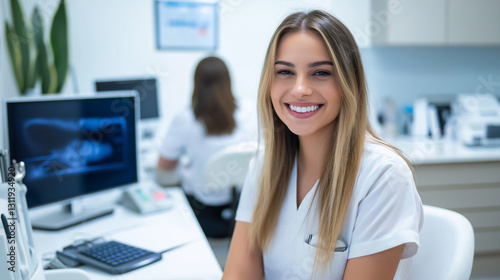 A dental office receptionist assisting a patient at the front desk with appointment scheduling in a professional setting.