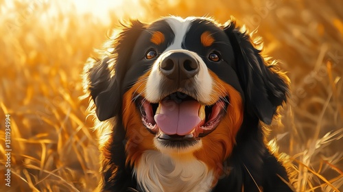 Golden-touched grass envelops an endearing Bernese Mountain Dog, eyes gleaming as its head tilts softly, inviting a gentle smile beneath a sunlit sky photo