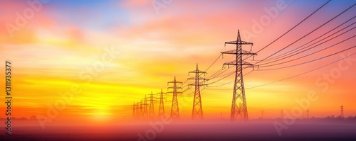 Vibrant sunset with power lines silhouetted against a colorful sky.