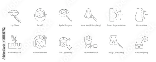 Lip Fillers, Facelift, Eyelid Surgery, Rhinoplasty, Breast Augmentation, Liposuction, Hair Transplant, Skin Lightening, and Tattoo Removal Vector Icon Set