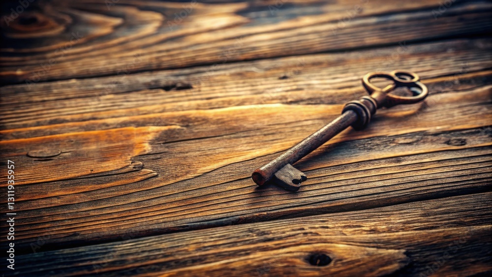 An aged skeleton key rests upon a rustic wooden surface, a symbol of forgotten secrets and untold stories An aged skeleton key rests upon a rustic wooden surface, a symbol of forgotten secrets and untold stories