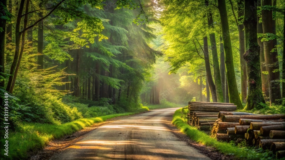 Sunlit Path Through a Lush Green Forest with a Stack of Logs Sunlit Path Through a Lush Green Forest with a Stack of Logs