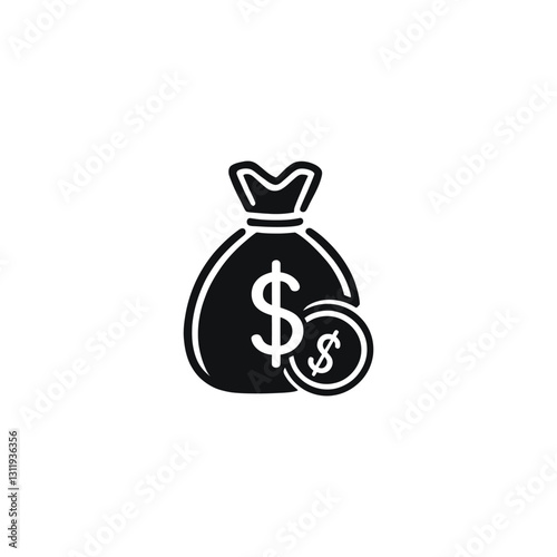 Money Bag and Coin Vector - Black and White Minimalist Financial Icon