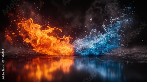 Fiery flames clashing with icy water on a dark surface
