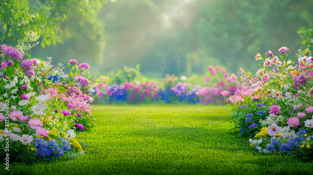 Obraz premium Colorful flower garden in bloom with vibrant blossoms and lush green grass during bright sunny day