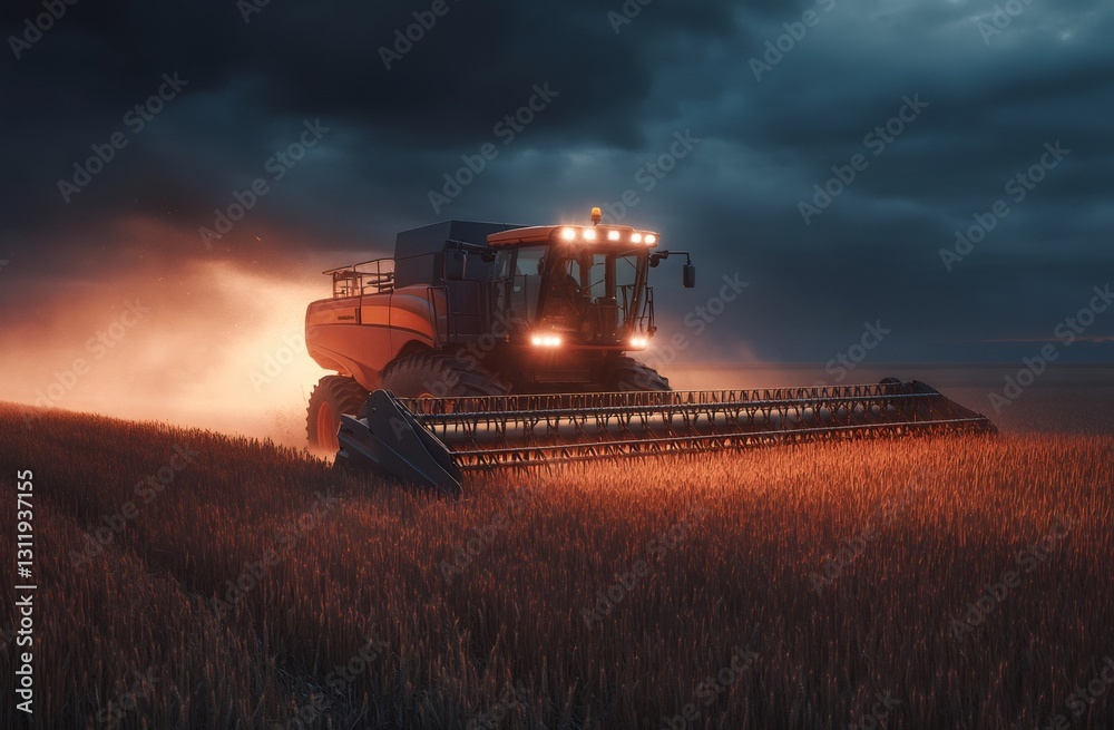 Naklejka premium Harvesting Under the Dusk: A powerful combine harvester navigates a golden wheat field, its lights illuminating the dusky sky. The machine embodies rural industry and agricultural progress.