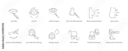 Lip Fillers, Facelift, Eyelid Surgery, Nose Job Rhinoplasty, Breast Augmentation, Liposuction, Varicose Vein and Cellulite Treatment Icon Set