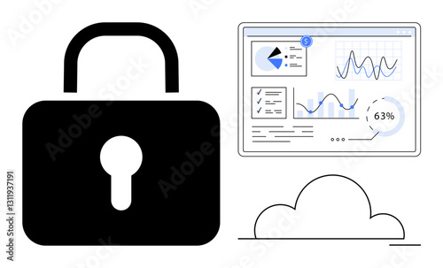 Padlock representing security, dashboard showing data analytics and charts, and cloud icon below. Ideal for data protection, cloud security, analytics, privacy, digital safety, encryption flat
