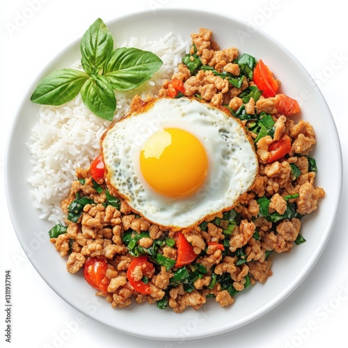 Plate of rice topped with egg and thai stir fried minced pork with basil and vegetables for a meal