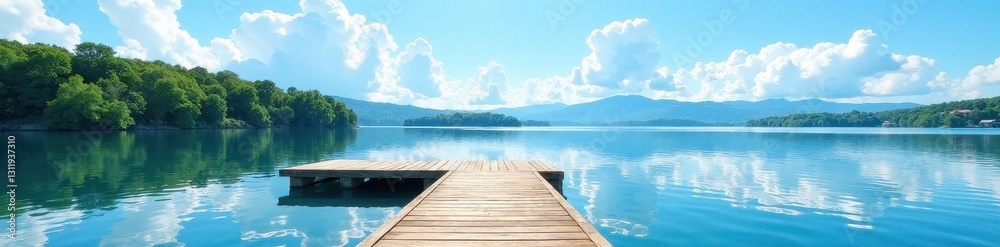 Elevated pontoon dock, pristine lake, blue sky, fluffy clouds , blue, image Elevated pontoon dock, pristine lake, blue sky, fluffy clouds , blue, image