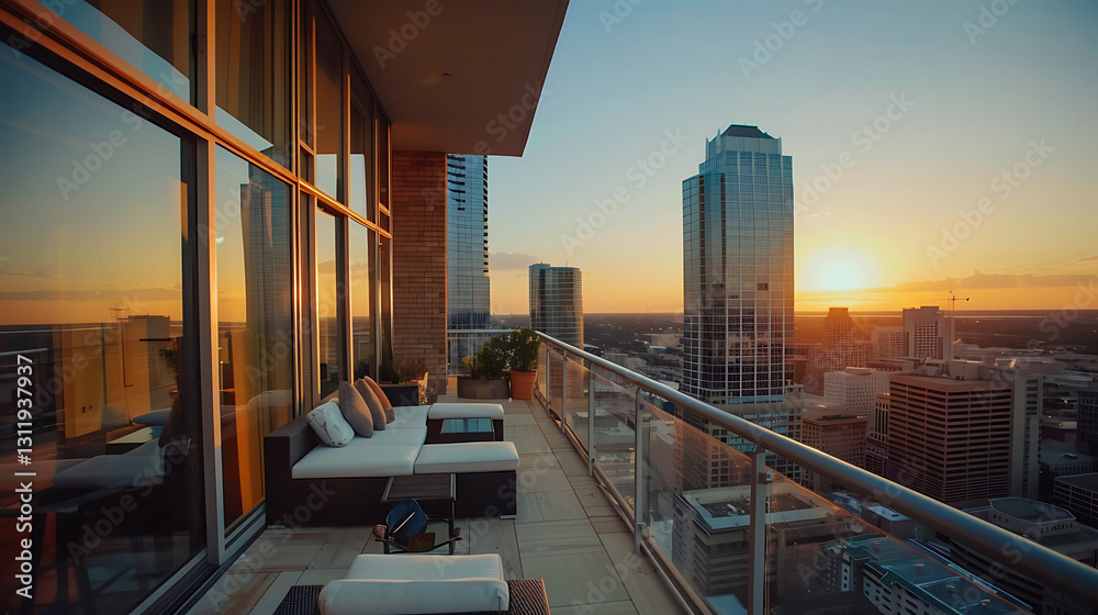 Naklejka premium A chic high-rise apartment with a modern interior and a balcony overlooking the city 