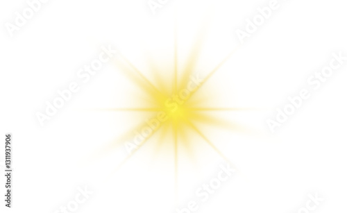 Yellow glowing light burst and transparent back ground. Lights flare, star flash light, white sun rays, png. Sun flush with raos or gold spotlyght and boke. Gold lance flares network. 