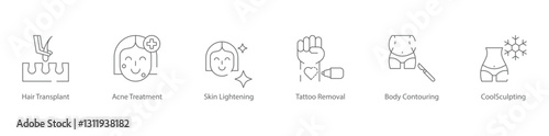 Hair Transplant, Acne Treatment, Skin Lightening, Tattoo Removal, Body Contouring, and CoolSculpting Vector Icon Set