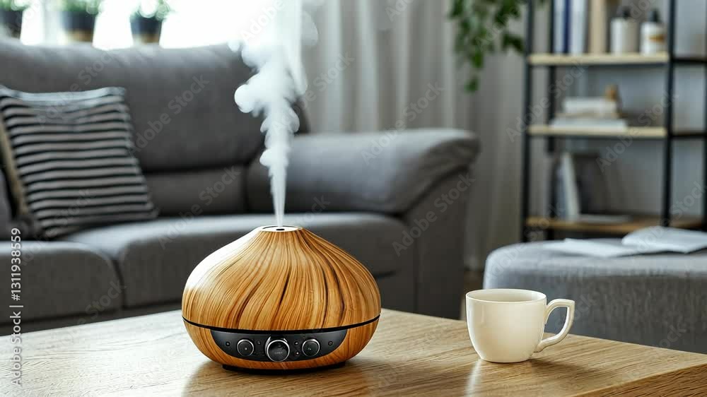 Aromatherapy diffuser with steam, cozy living room setting featuring wooden furniture and a coffee cup