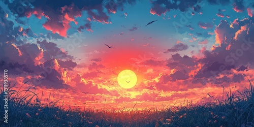 A vivid sunset painting splashes the sky with hues of orange, red, blue, yellow, pink, and purple, centered around a glowing sun amidst a dramatic horizon photo