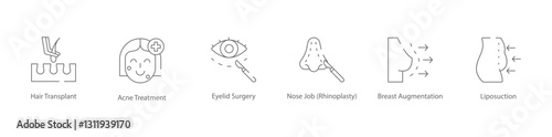 Hair Transplant Surgery, Acne Treatment, Eyelid Surgery, Nose Job Rhinoplasty, Breast Augmentation and Liposuction Cosmetic Procedure Icon Set