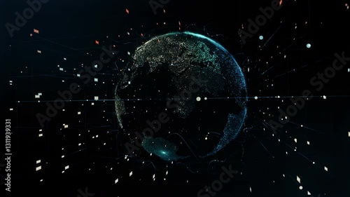 3D blue earth HUD element technology, business and communications network background loop. Animation of the world globe rotating with plexus particles around.