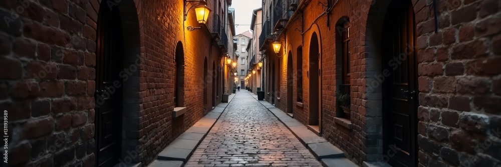 Narrow passageway in historic town with uneven brick floors and vintage lanterns, town, narrow Narrow passageway in historic town with uneven brick floors and vintage lanterns, town, narrow