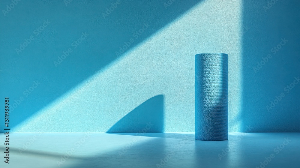 Blue wall with white floor featuring a blue vase and a rolled blue yoga mat in a well-lit space