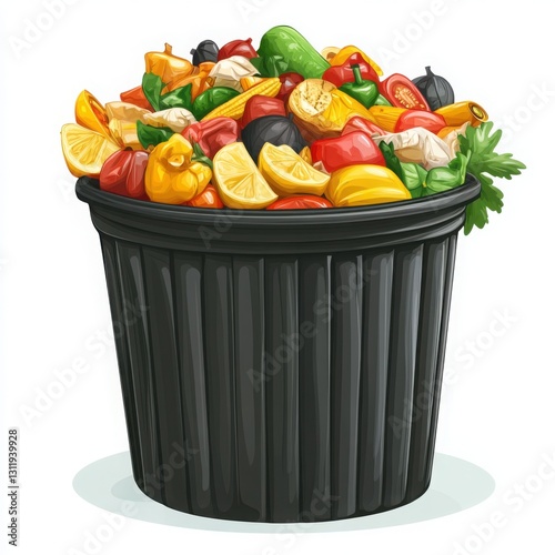 Black trash can filled with discarded vegetables and garbage on a clear white background
