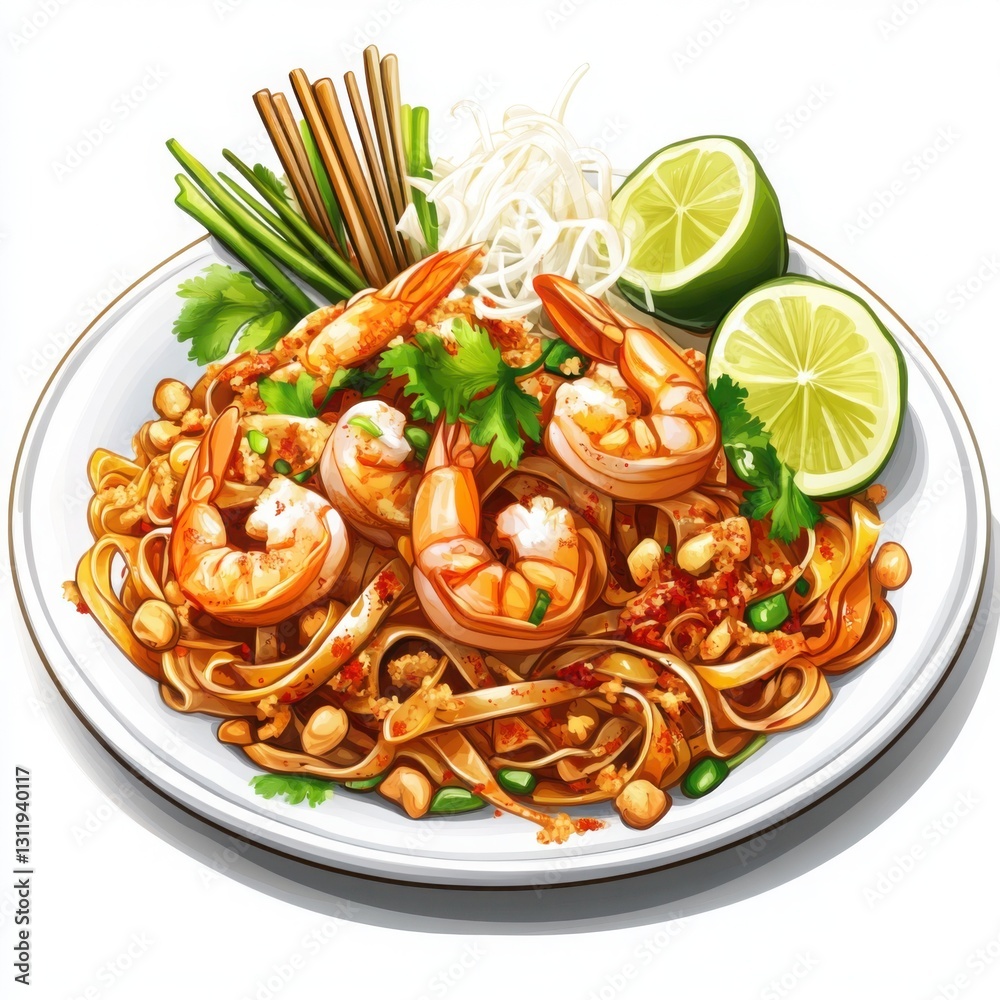 Plate of shrimp and noodles with vegetables and pad thai featuring fresh shrimp on a bright background
