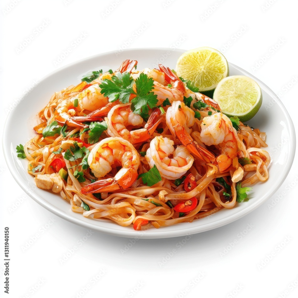 Plate of shrimp and noodles with lime and pad thai garnished with fresh shrimp and vegetables