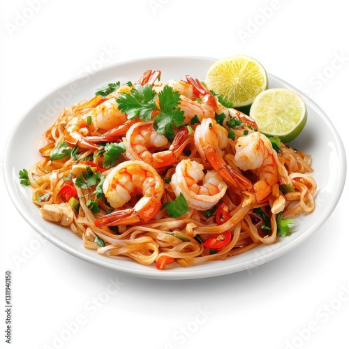 Obraz na płótnie Plate of shrimp and noodles with lime and pad thai garnished with fresh shrimp and vegetables w salonie