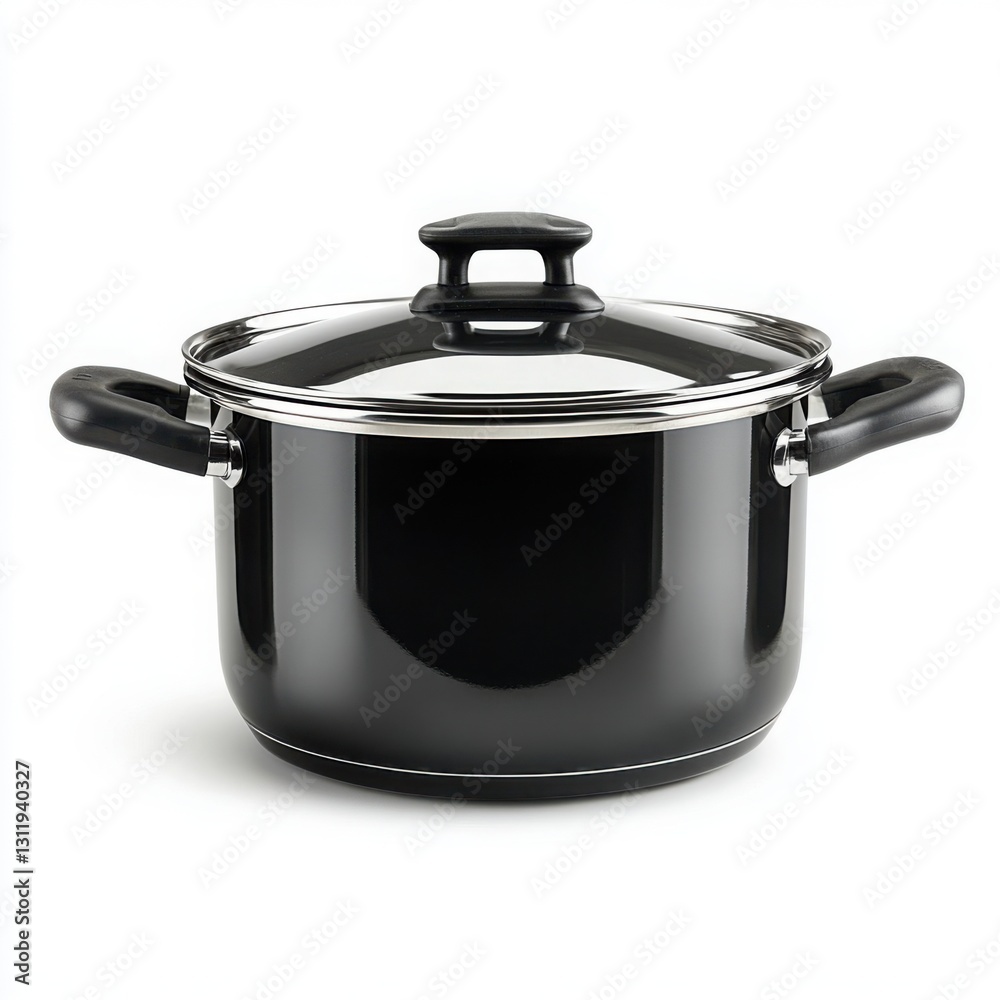 Black cooking pot with lid on a white background for kitchen and culinary use